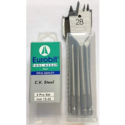 Afbeelding van Eurobit 0715 Set met 8 platte boren voor hout 12 16 18 20 22 25 28 32 mm