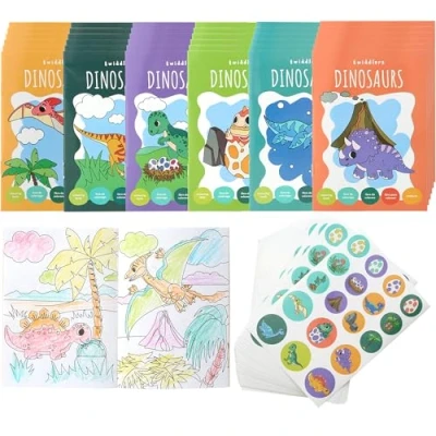 Afbeelding van THE TWIDDLERS 36 mini kleurboeken voor feesttassen, met stickers dinosaurusthema, A6 boeken kinderen van 4 8 jaar, perfecte kleine feesttasvullers