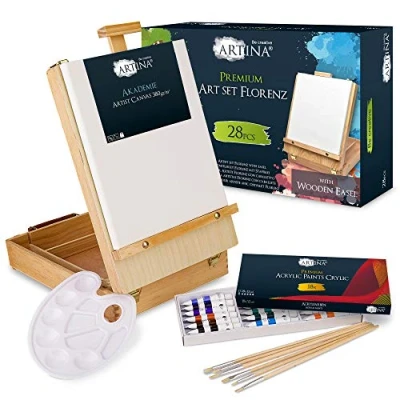 Afbeelding van Artina Tafelezel Tekendoos 28 delig Set Schildersdoek 24x30cm Acrylverf 18x12ml 6x Penselen Schildersezel Tafelmodel met Handgreep Florenz