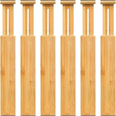Afbeelding van VaeFae Bamboe ladeverdelers, 6 stuks, 42,5 55,5 cm, verstelbare veerbelaste lade organizer, uitbreidbare scheidingswand voor keuken, culterie, kleding, badkamer, babylade, gereedschap