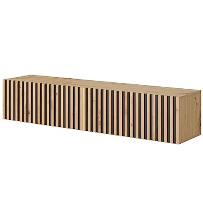 Afbeelding van Selsey Telire TV Lowboard Wotan eiken lamellenfront, met zwarte inzetstukken, 140 cm