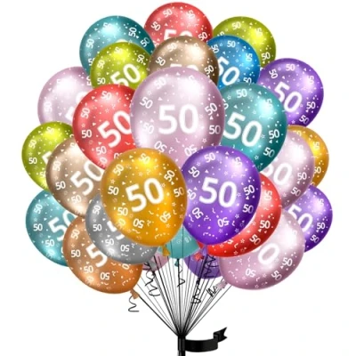 Afbeelding van ballonnen 50e verjaardag, 15 stuks metallic folieballon 50 helium jaar gemaakt van 100% natuurlijke latex, klimaatneutraal, 32 cm ballon cijfers voor kinderverjaardag en meisjes jongen