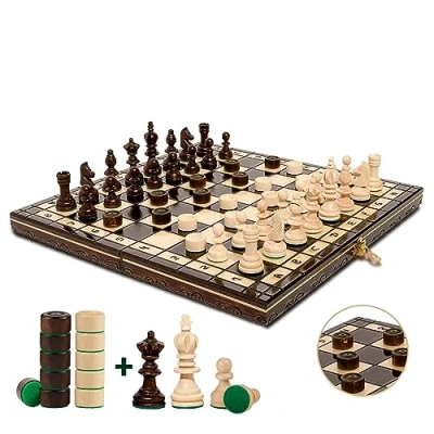 Afbeelding van Master of Chess Dambord en Schaakset voor Toernooien Bordspel “OLYMPIC&quot; 2 in 1 Schaakbord van Hout 35 cm Handgemaakt Draagbaar Bruine Opvouwbare Kinderen Volwassenen