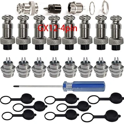 Afbeelding van RUNCCI YUN 8 stuks GX12 4 Pin Aviation Stekkeradapter, 5A 12mm schroefdraad mannelijk vrouwelijk metaal luchtvaartstekker draadconnector kit, met rubberen beschermkap en Phillips