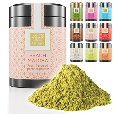 Afbeelding van Tea Uniqo Peach Matcha Latte poeder: gearomatiseerde perzikmatcha poeder in luxe doos.