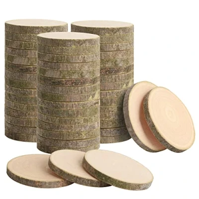 Afbeelding van LAZACA houten schijven om te knutselen, decoratie, klein, 50 stuks, blokken, onafgewerkte doe het zelf handwerk, schijven, bruiloft, middenstukken, kerstdecoratie, boomschijf 4 5 cm