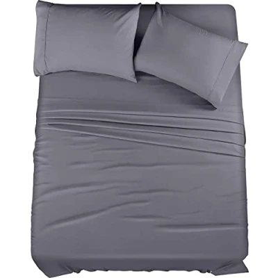 Afbeelding van Utopia Bedding 4 delige lakenset 1 hoeslaken en plat laken met 2 kussenslopen kreuk , krimp vervagingsbestendig zachte geborstelde microvezelstof (kingsize, grijs)