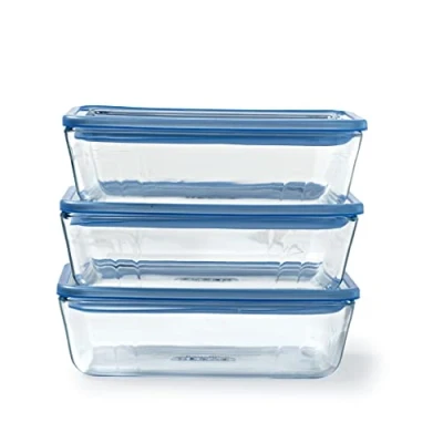 Afbeelding van Pyrex Zero Plastic Set van 3 rechthoekige opbergdozen borosilicaatglas glazen deksel Ovenbestendig Kookplaatdeksel 1,5 l Made in France