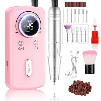 Afbeelding van PKBD 45000RPM Professional Portable Nail Drill Machine for Gel Nails, Rechargeable Electric Files Set with 11 bits and LCD Display, Pink