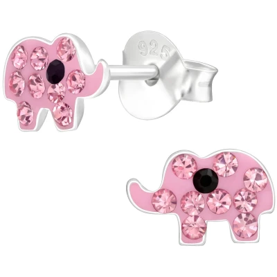 Afbeelding van JoyS Zilveren olifant oorbellen roze met kristal 8 x 6 mm kinderoorbellen