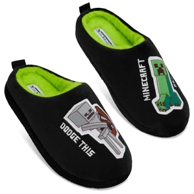 Afbeelding van Minecraft Jongens Slippers, Gezellige Indoor House Schoenen Gamer Cadeaus voor Jongens, Zwart/Groen, 2.5 3.5 Big Kid