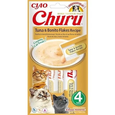 Afbeelding van INABA Churu Gepureerde kattensnoepjes met tonijn en bonitovlokken Heerlijke snacks voor katten Gladde romige textuur Kattenvoer 4 Tubes x 14g