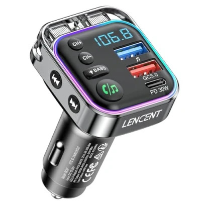 Afbeelding van LENCENT Bluetooth 5.3 FM Transmitter, Zender Car Kit met PD 30W &amp; QC3.0 Fast Charger, Hi Fi Music Clear Phone Calling, Adapter Transmitter voor autoradio, Hands Free