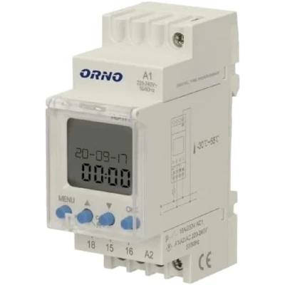Afbeelding van Orno PRE 450 Aastronomische Tijdschakelaars 52 programma&#039;s 3 Menutalen 1 Relaisuitgang max.16A/230V Breedte 2 modules DIN TH 35mm