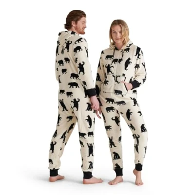 Afbeelding van Hatley Bear Family Fuzzy Fleece Jumpsuits met capuchon voor dames, pyjamaset