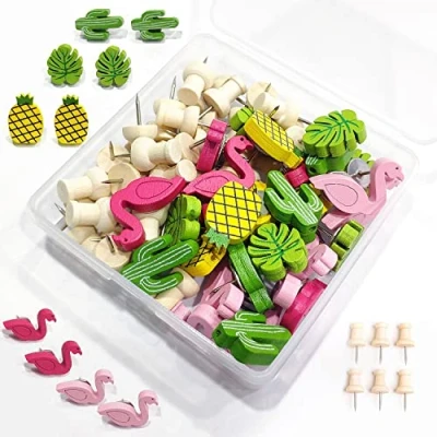 Afbeelding van 70 stuks houten duwspelden en flamingo ananas cactus palmblad pushpins gemengde decoratieve duimspijkers leuke punaises tekenspelden voor foto&#039;s muur, kaarten, prikbord, kurkborden