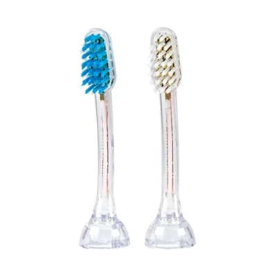 Afbeelding van Emmi dent 2 x tandenborstelopzetstuk E2 (1 blauw + 1 wit), reserveborstels in standaardvorm (evenwichtige hardheid, rechte borstels) voor ultrasone tandenborstels uit de Metallic &amp;
