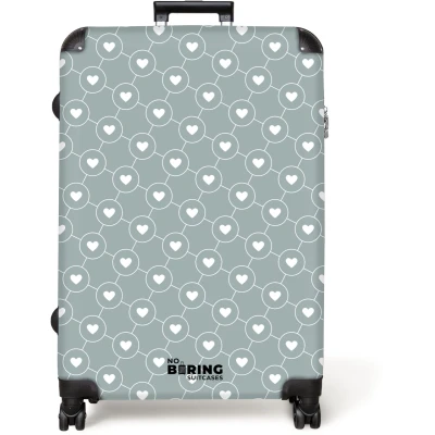 Afbeelding van NoBoringSuitcases.com® Koffer groot Reiskoffer lichtgewicht Grijsgroene achtergrond met witte hartjes Rolkoffer 4 wielen Grote trolley XL 98 liter bagage