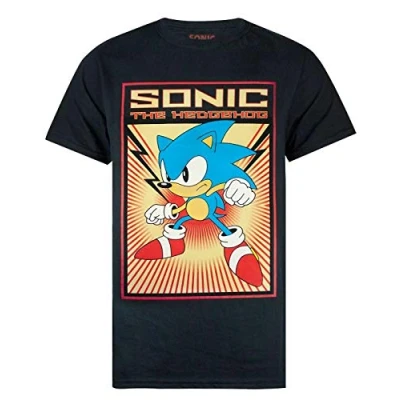Afbeelding van Sonic The Hedgehog T shirt Mens Propaganda Retro Poster Black Top