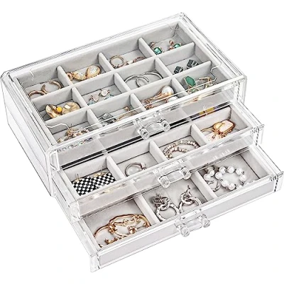 Afbeelding van ProCase Oorbel Organizer Sieraden Doos met 3 Laden, Acryl Stapelbare Houder Clear Earring Opbergkoffer Verstelbare Trays voor Vrouwen op Dresser Vanity Grijs, Lagen