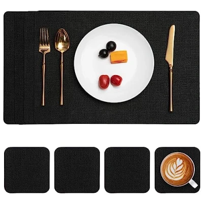 Afbeelding van Myir JUN Lederen Placemat en Onderzetters, Tafelmatten Waterdichte Afveegbare Dubbelzijdige Plaats Matten Koffiematten Antislip Wasbare Placemats Coaster (Zwart, Sets 4)