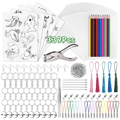 Afbeelding van PLULON 339 stuks krimpkous kunststof kit, 20 blanco krimppapier, 5 krimppapier met patroon, perforator, gekleurde potloden, sleutelhangers accessoires voor doe het zelf ornamenten, ambachten (339)