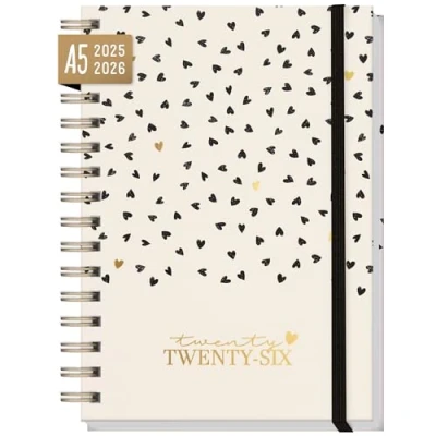 Afbeelding van Internationale kalender 2025/2026 A5 &quot;Golden Hearts&quot; weekplanner voor 18 maanden (25 jul 26 dec) in talen: EN/FR/IT/ES duurzaam &amp; klimaatvriendelijk