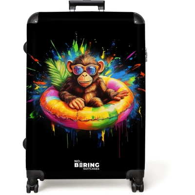 Afbeelding van NoBoringSuitcases.com® Koffer groot Reiskoffer lichtgewicht Zomerse aap met kleurrijke zwemband Rolkoffer 4 wielen Grote trolley XL 98 liter bagage