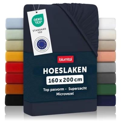 Afbeelding van Blumtal Hoeslaken Microvezel 160 x 200 cm Oeko Tex gecertificeerd tot 25 Matrashoogte Dark Ocean Blue Blauw