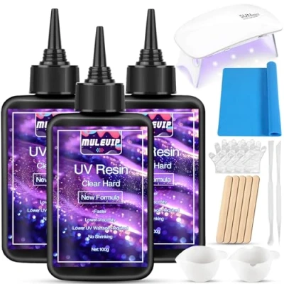 Afbeelding van MULEVIP uv hars, 300 g, set met lamp, hars voor sieraden, transparant, snel uitgehard, epoxyhars, beginners, productie siliconen mat, maatbeker