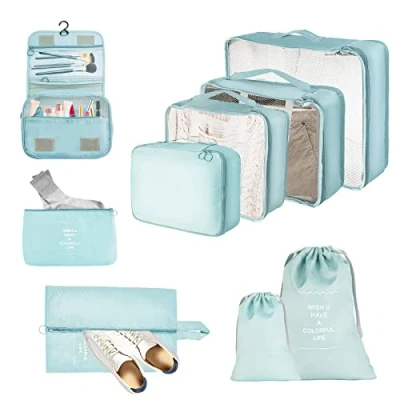 Afbeelding van JOPHEK Reiskoffer organizerset, 9 delige set kubussen, multifunctionele waterdichte pakkubussen, compressie, kofferorganizer, kledingtassen, schoenenzak, make uptas voor reizen, lichtblauw