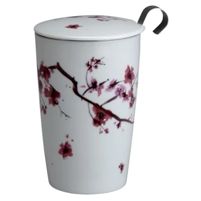 Afbeelding van Eigenart TEAEVE® porseleinen theebeker, beker met zeef en deksel Cherry Blossom + geschenkdoos