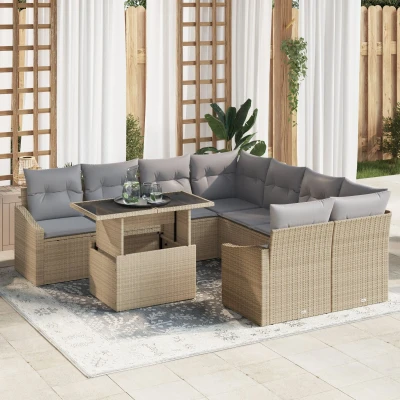 Afbeelding van vidaXL Tuin Sofa Set 9 Stukken Licht Bruin en Grijs Riet Stof