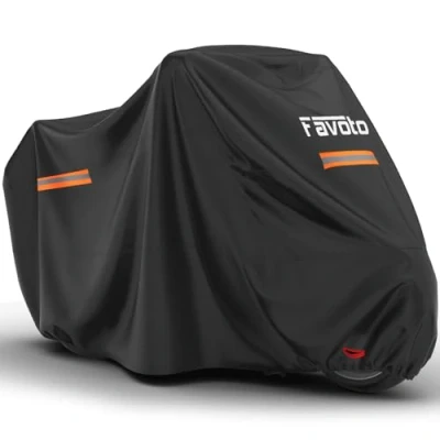 Afbeelding van Favoto motorhoes, waterdicht, alle seizoenen, 220 cm lang, UV krasbestendig, hittebestendig, buitenbescherming met nachtreflecterende strips, vergrendelingsgaten, zwart, x 101,6 122,9