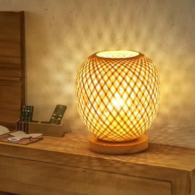 Afbeelding van GUANSHAN Bamboe Weven Lantaarn Tafellamp Bedlampje Landelijke Stijl Klein Decoratief Nachtlampje Lichtgevende Tafel Verlichting Bureau Lampenkap voor Slaapkamer, Dimmer