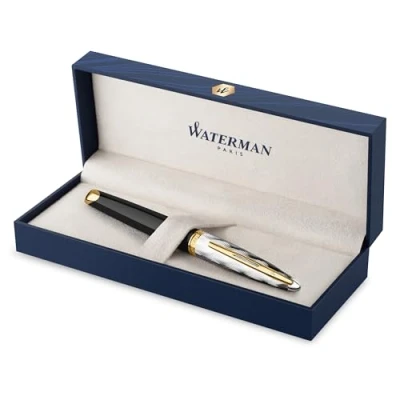 Afbeelding van Waterman Carene vulpen metaal en zwarte lak met gouden detail gebeitelde dop 18K medium penpunt Geschenkdoos