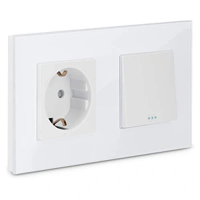 Afbeelding van Navaris glazen lichtschakelaar met stopcontact Lichtknop van glas Inbouwschakelaar frame Wandschakelaar Wit
