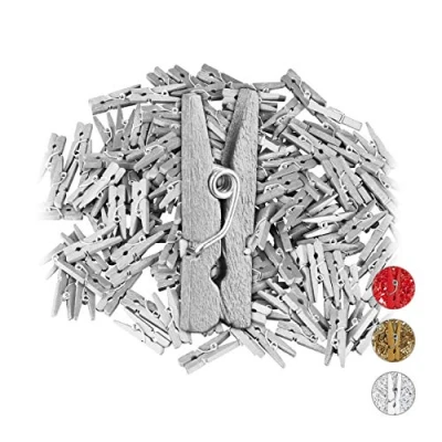 Afbeelding van Relaxdays mini knijpers set van 144 stuks houten knijpertjes wasknijpers zilver
