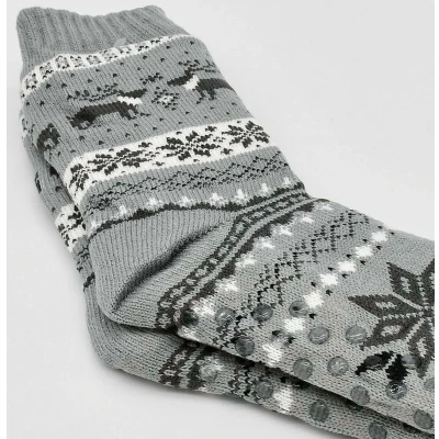Afbeelding van Merino Wollen sokken Licht Grijs met Rendier maat 43/46 Huissokken Antislip Warme Winter