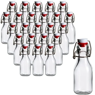 Afbeelding van gouveo Set van 24 glazen flessen, 100 ml, rond, met beugelsluiting, rood, kleine beugelfles om te vullen, likeurfles, jeneverfles, sapfles