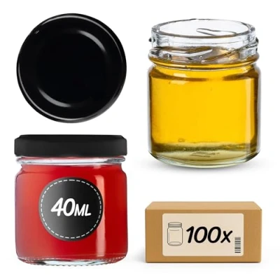 Afbeelding van KADAX Weckpotten, 40 ml, mini inmaakpotten, kruidenpotjes met schroefdeksel, inmaakglas, testpotten, jampotten, honingpotten, ronde potten (100 stuks, zwart deksel)