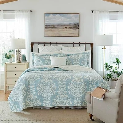 Afbeelding van Laura Ashley Rowland Collection Dekbedovertrekset, 100% katoen, omkeerbaar, beddengoed voor het hele jaar met bijpassende kussenslopen, voorgewassen extra comfort, volledig/queensize bed, blauw