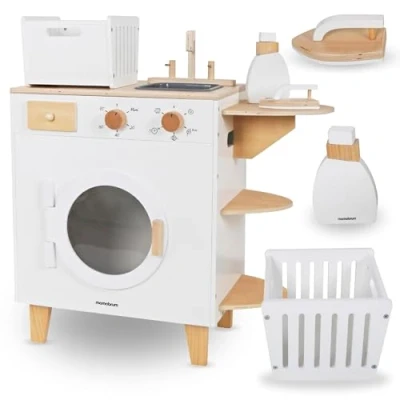 Afbeelding van Mamabrum Houten wasmachine voor kinderen 3+ met strijkijzer, mand en wasvloeistof, speelgoedwasset reinigingsmiddelen, kinderwasmachine strijkplank spelen