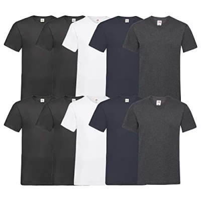 Afbeelding van Fruit of the Loom T shirt, met V hals, in verschillende maten en kleuren, 10 stuks, 4x zwart, 2x wit, donker marineblauw, donkergrijs (dark heather), L