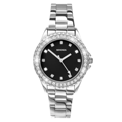 Afbeelding van Sekonda Elizabeth Dameshorloge, kwartshorloge, 33 mm, met stenen kast, analoog display en roestvrijstalen armband, Zilveren zwarte wijzerplaat, Single