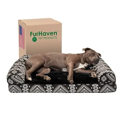 Afbeelding van Furhaven groot orthopedisch hondenbed pluche en zuidwesten kelim decor bankstijl w/verwijderbare wasbare hoes zwart medaillon,