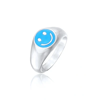 Afbeelding van KUZZOI Heren Ring Zegel met lachend Gezicht en zwart Emaille in 925 Sterling Zilver