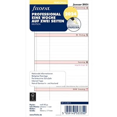 Afbeelding van FILOFAX Kalendervulling Personal Professional 1 week op 2 pagina&#039;s (Nederlands) 2024