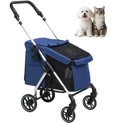 Afbeelding van PawHut Hundewagen Hundebuggy klappbar für Hunde &amp; Katzen bis 10 kg Katzenbuggy mit Kissen Netzfenstern Türen Aufbewahrungskorb Katzenwagen Buggy Dunkelblau