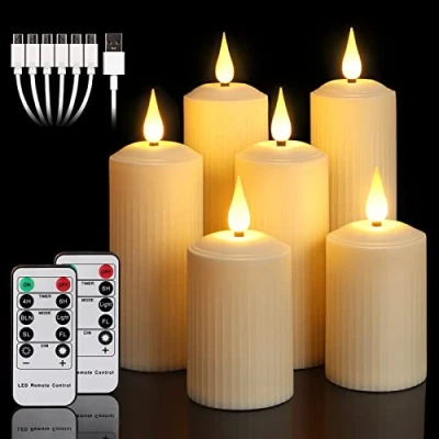 Afbeelding van yunsheng Oplaadbare vlamloze kaarsen met afstandsbediening timer, in/outdoor waterdichte LED flikkerende pijler set van 6 (D2 x H4/5,5/6,5 inch), batterij aangedreven ivoor plastic